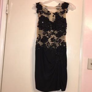 Black mesh beaded draped dress